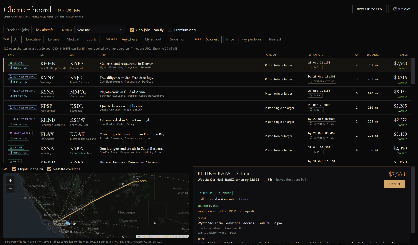 The Charter board: open charters with their routes, clients, times and values, and the chosen job on a map