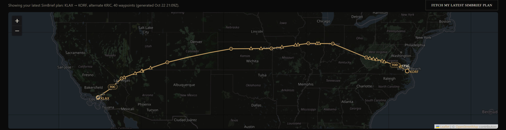 A SimBrief plan from Los Angeles to Norfolk drawn on the map: every waypoint, the top of climb, the top of descent and the alternate