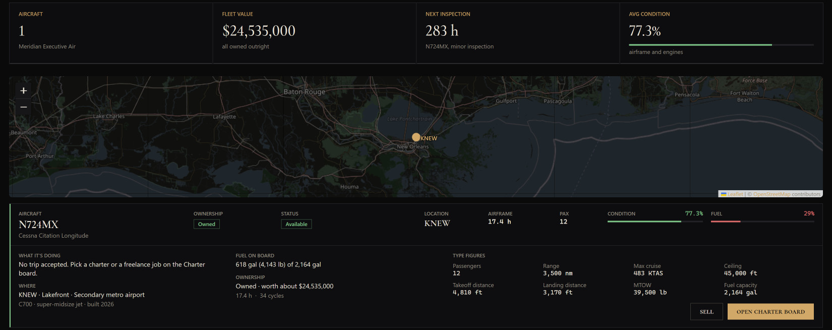 The Fleet page: the fleet's value, the next inspection and the condition, the aircraft on the map, and its type's official figures
