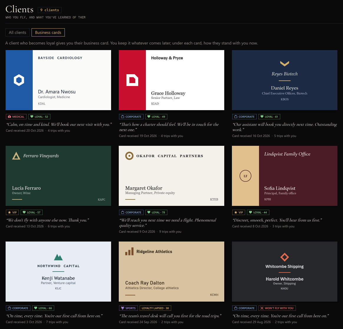 Business cards: the collection, each card in its company's style, with how the client stands with you