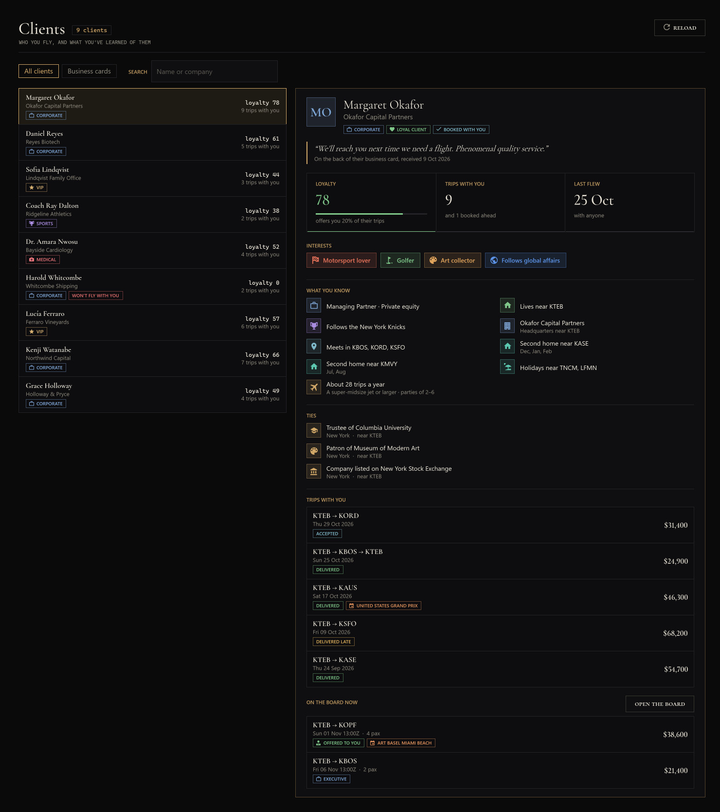 A client you fly: loyalty, interests, what you know, ties, trips and jobs