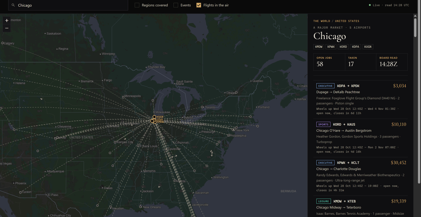 The live map: Chicago's board, 17 of its jobs taken by operators, and their flights in the air