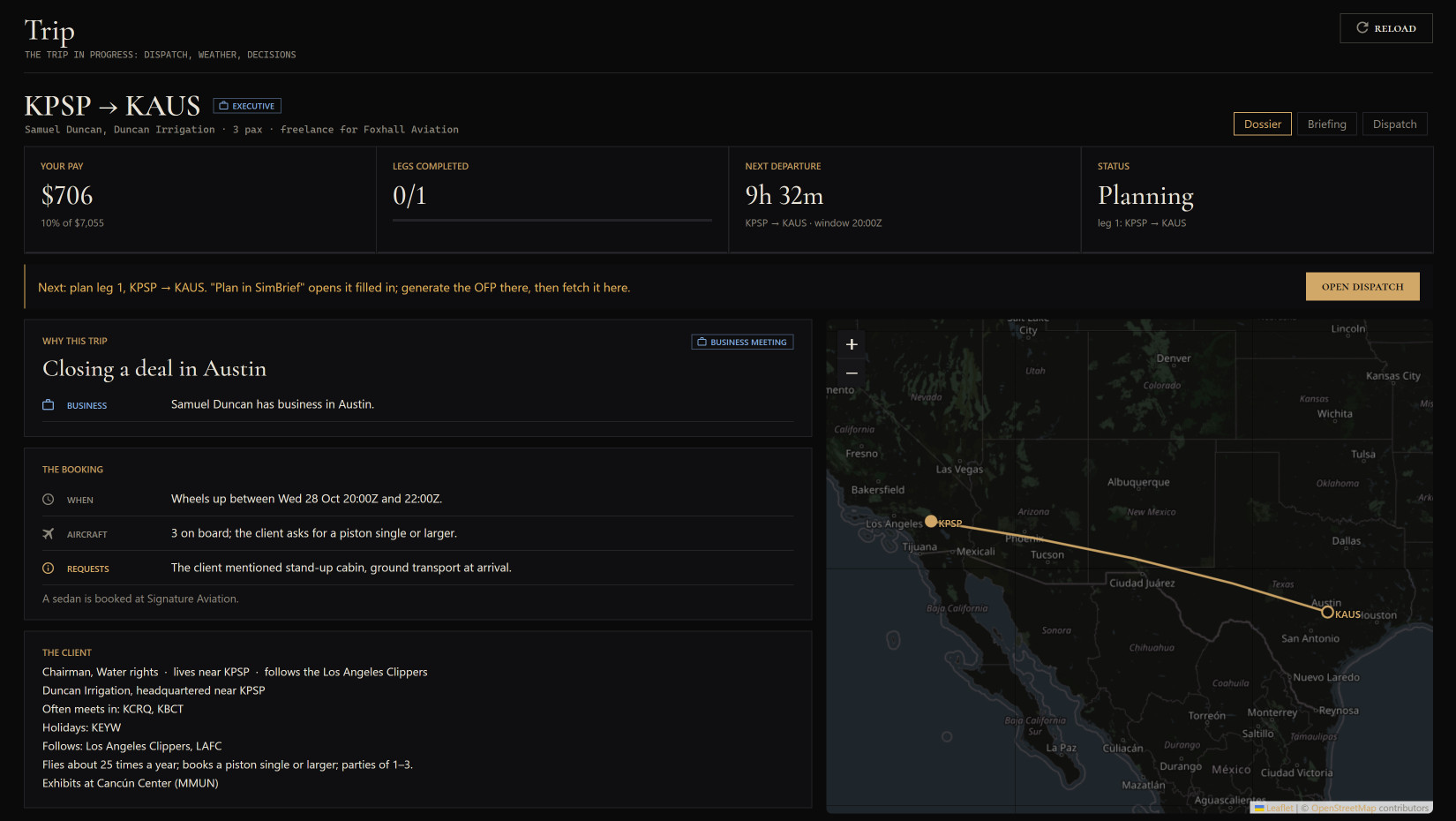 The Trip page: why a client is flying to Austin, the booking, the client, and the route on the map